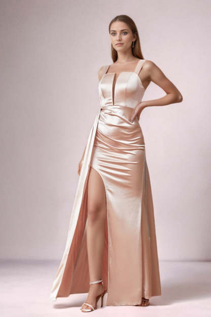 Blush Satin Sheath Long Wedding Guest Dress with Slit