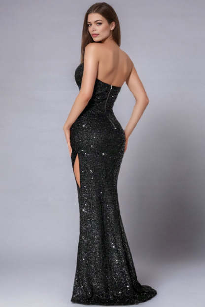 Sparkly Black Sequined Halter Sheath Prom Dress with Slit