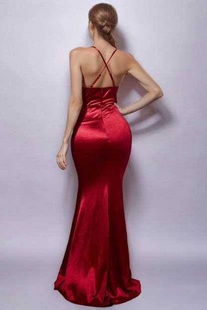 Burgundy Mermaid Spaghetti Straps Long Formal Dress with Slit