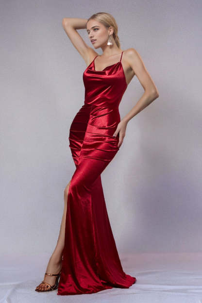 Burgundy Mermaid Spaghetti Straps Long Formal Dress with Slit