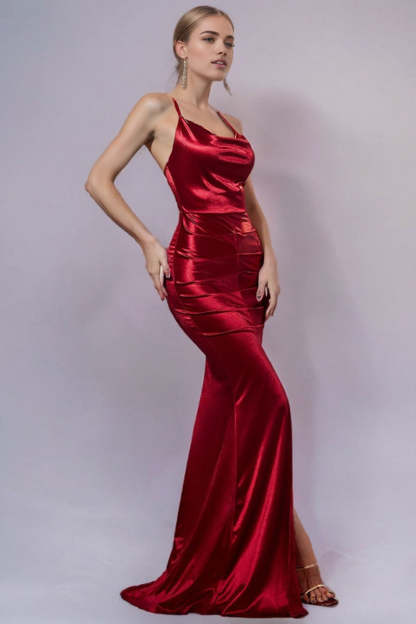 Burgundy Mermaid Spaghetti Straps Long Formal Dress with Slit
