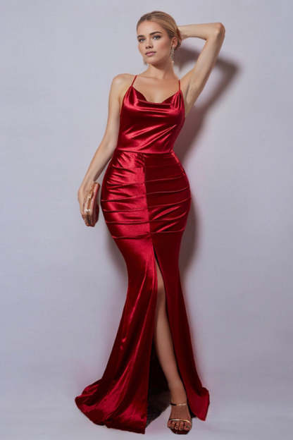 Leely Women Burgundy Mermaid Formal Dress with Slit Metallic Spaghetti Straps Ruched Long Evening Dress