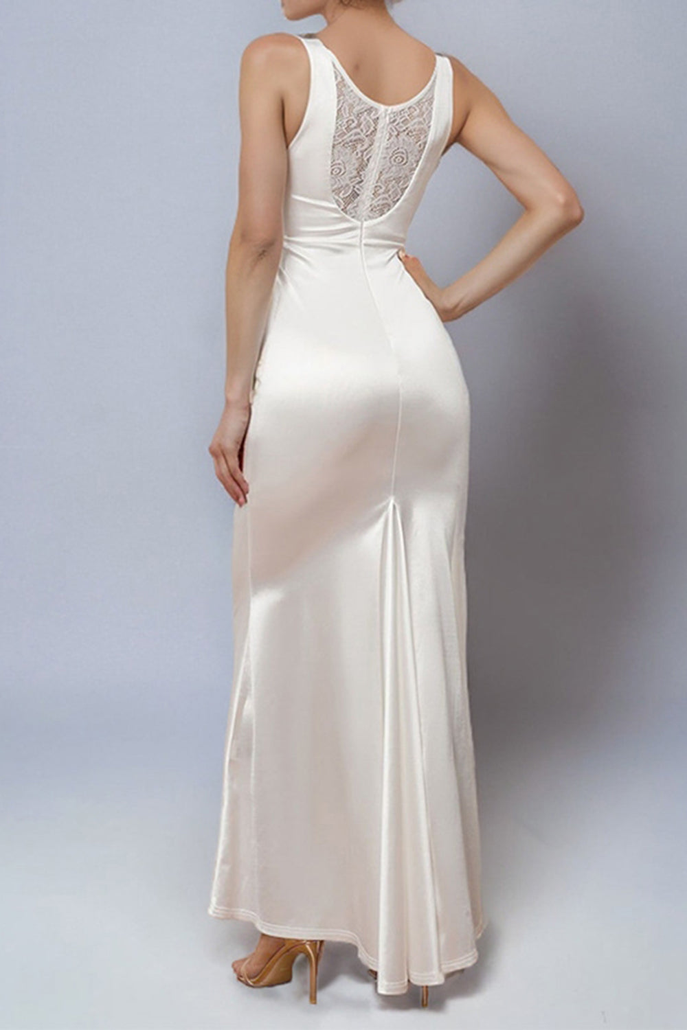 Elegant V Neck White Sheath Long Wedding Dress