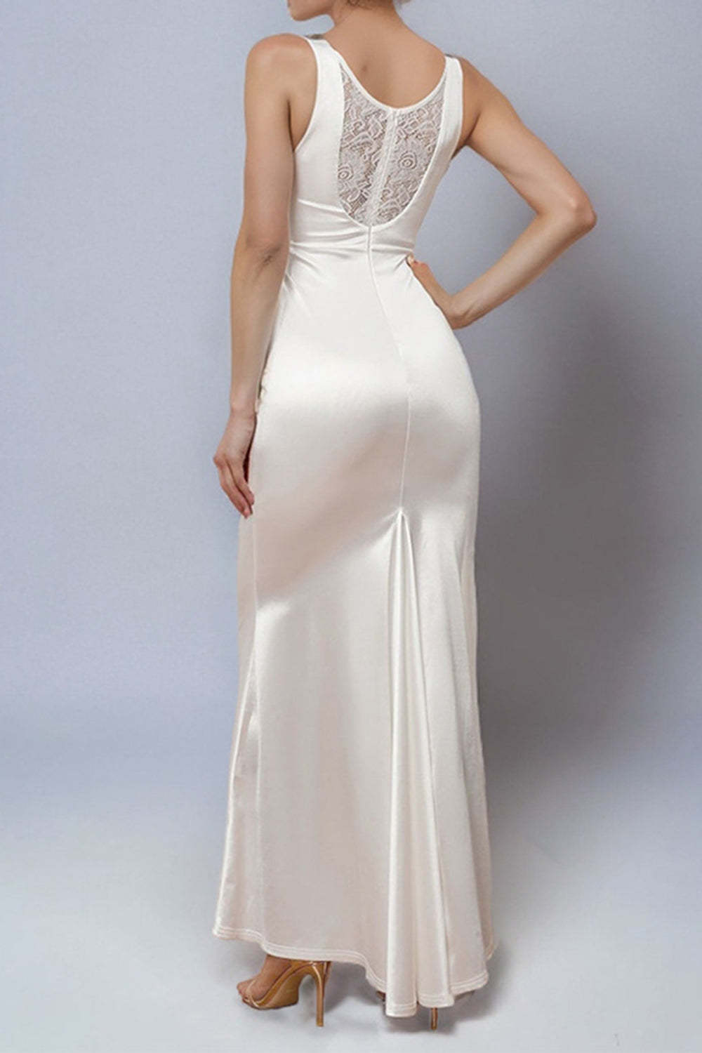 Elegant V Neck White Sheath Long Wedding Dress