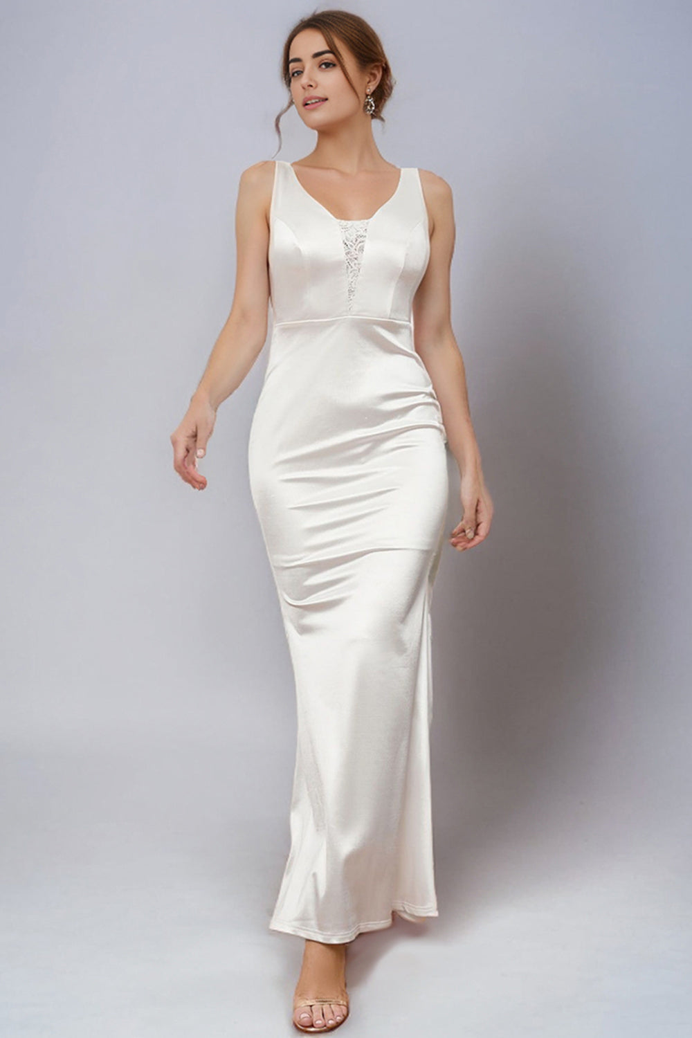 Elegant V Neck White Sheath Long Wedding Dress