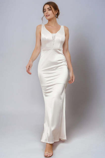 Elegant V Neck White Sheath Long Wedding Dress