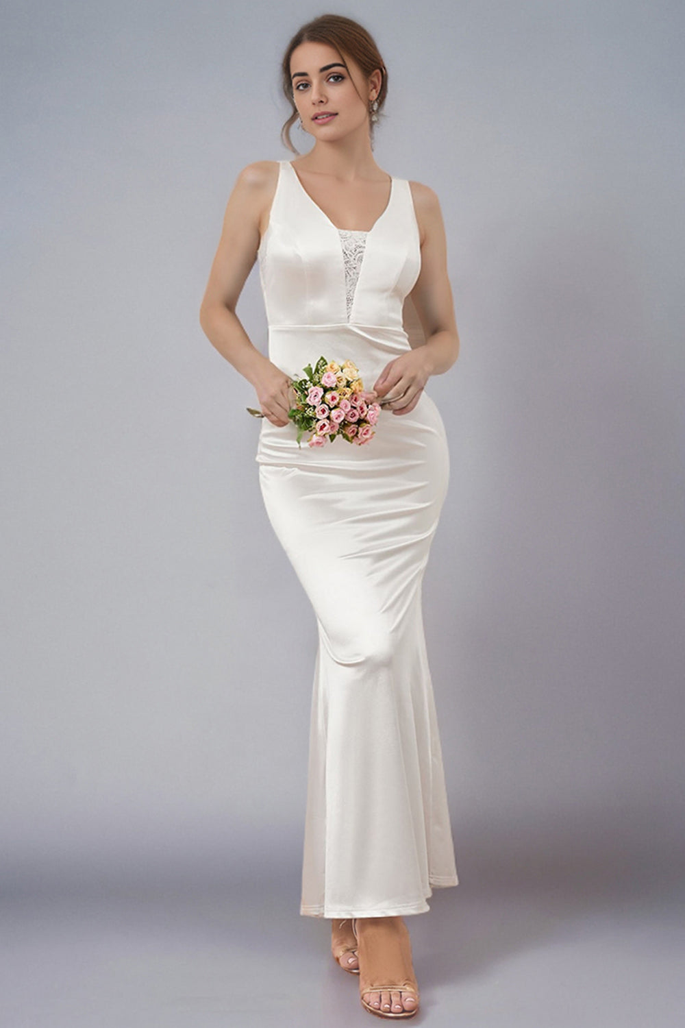 Elegant V Neck White Sheath Long Wedding Dress