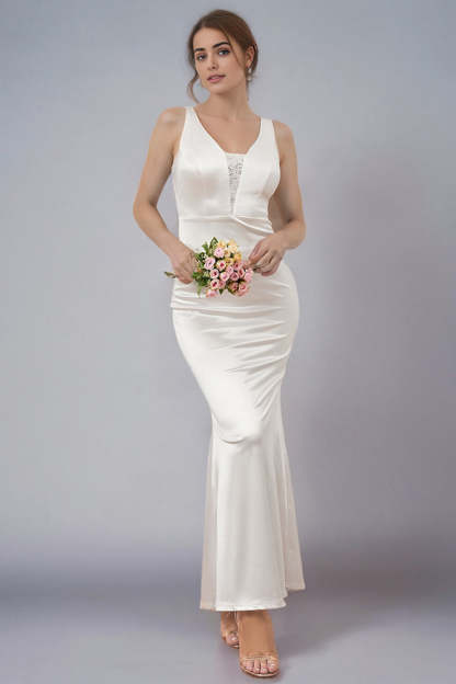 Leely Women Elegant White Wedding Dress V Neck Mermaid Lace Long Bridal Dress