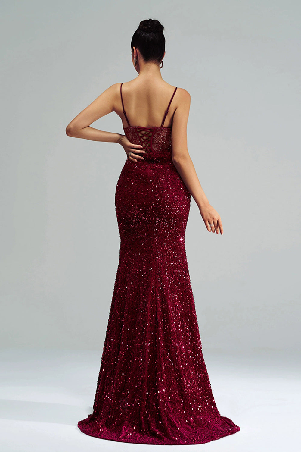 Sparkly Burgundy Mermaid Corset Sequined Formal Dress with Slit
