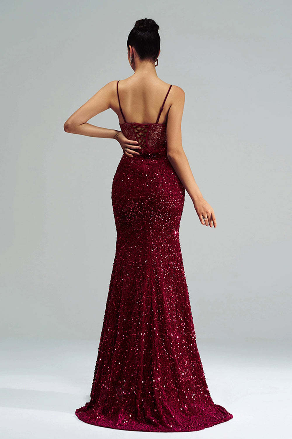 Sparkly Burgundy Mermaid Corset Sequined Formal Dress with Slit