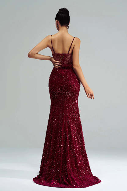 Sparkly Burgundy Mermaid Corset Sequined Formal Dress with Slit