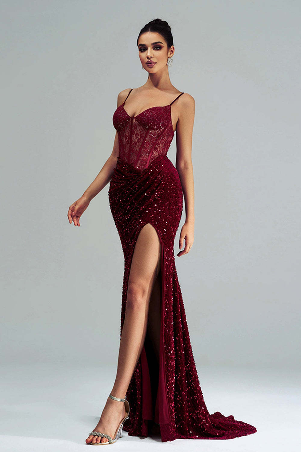 Sparkly Burgundy Mermaid Corset Sequined Formal Dress with Slit