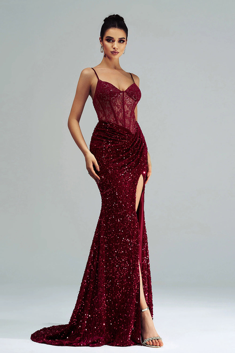 Sparkly Burgundy Mermaid Corset Sequined Formal Dress with Slit