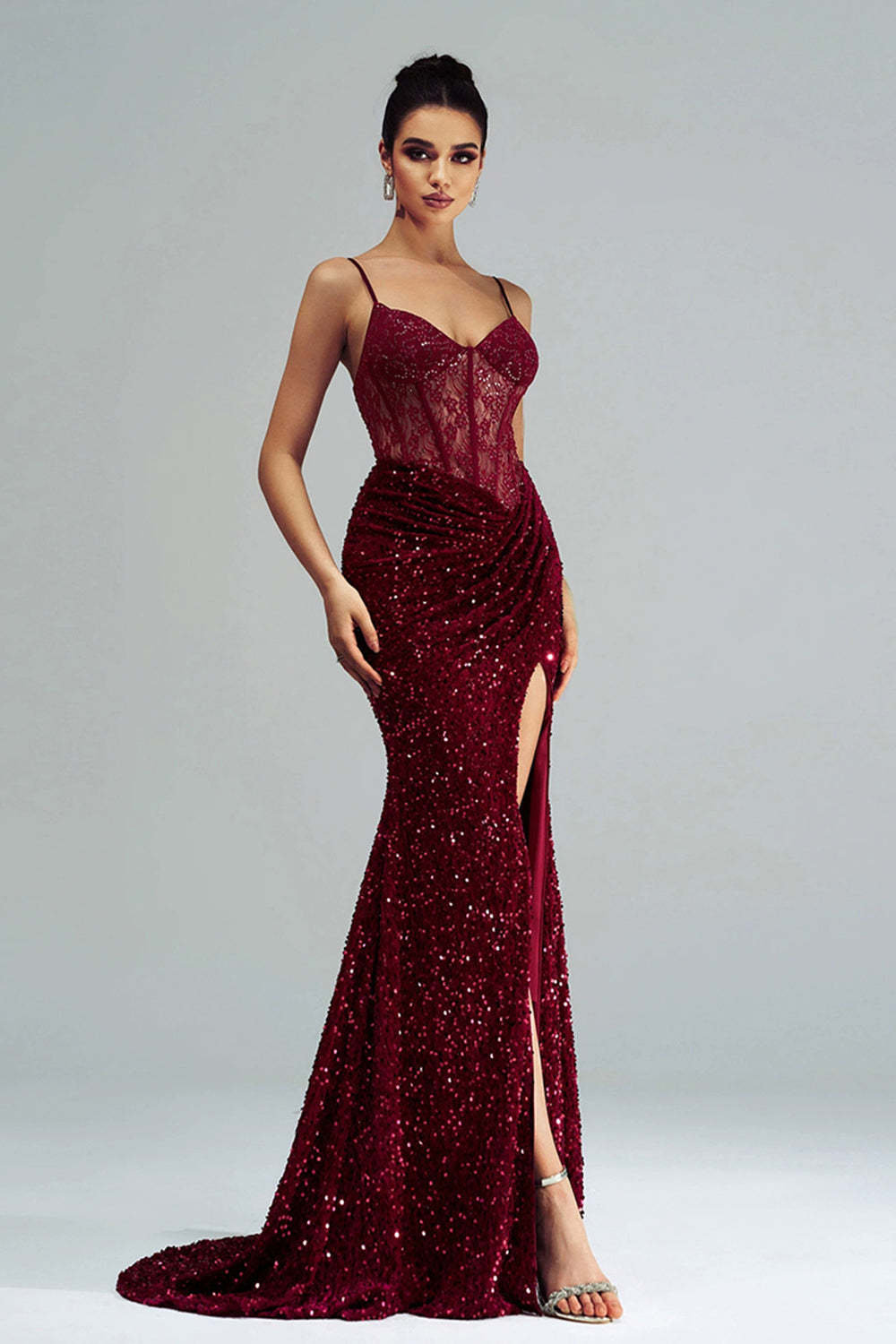 Sparkly Burgundy Mermaid Corset Sequined Formal Dress with Slit