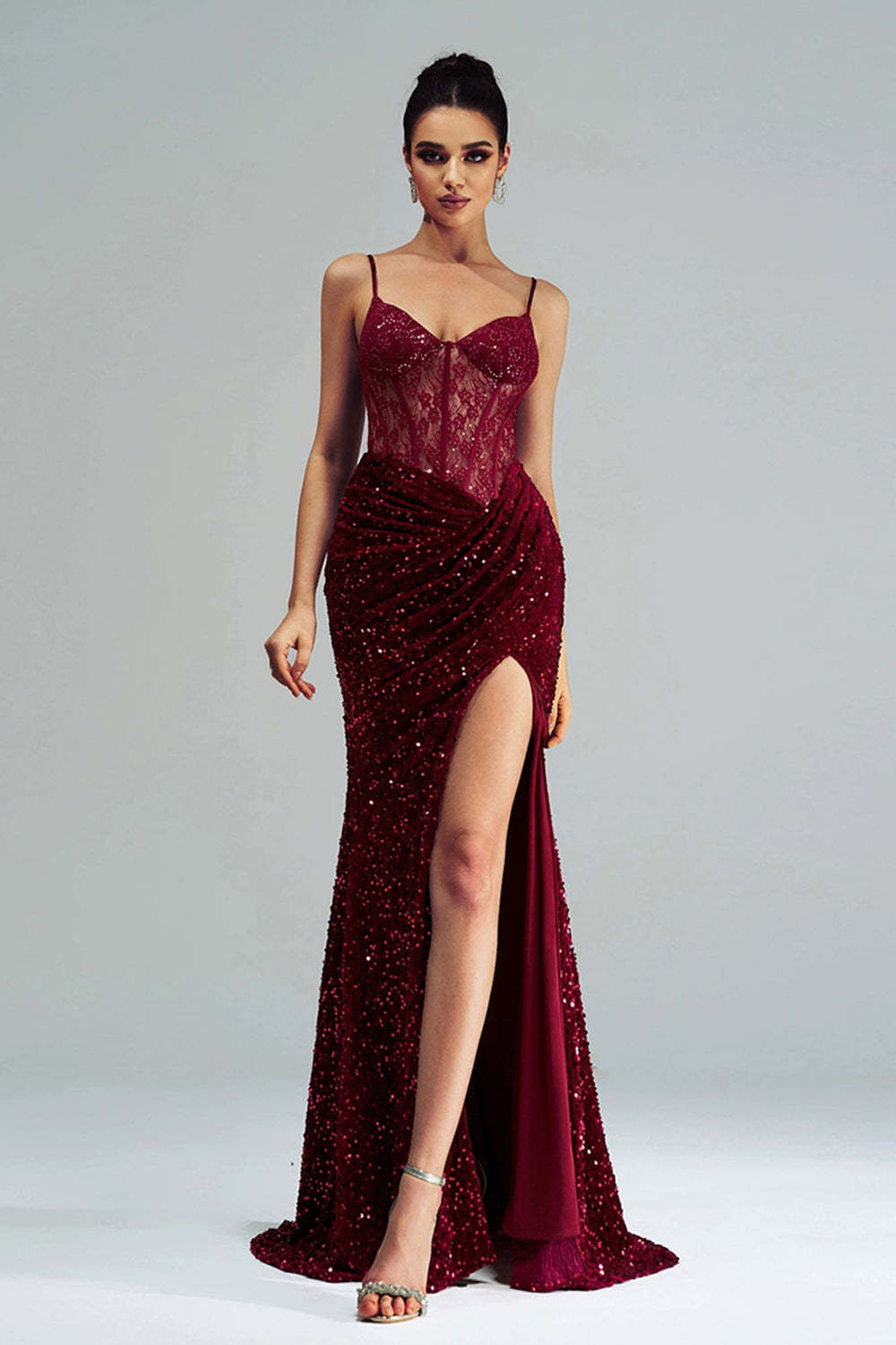 Sparkly Burgundy Mermaid Corset Sequined Formal Dress with Slit