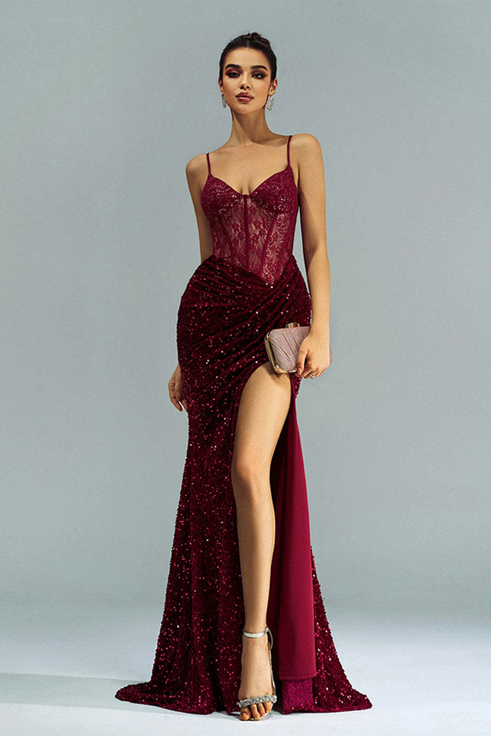 Leely Women Sparkly Burgundy Mermaid Long Formal Dress Spaghetti Straps Corset Sequined Pageant Dress with Slit