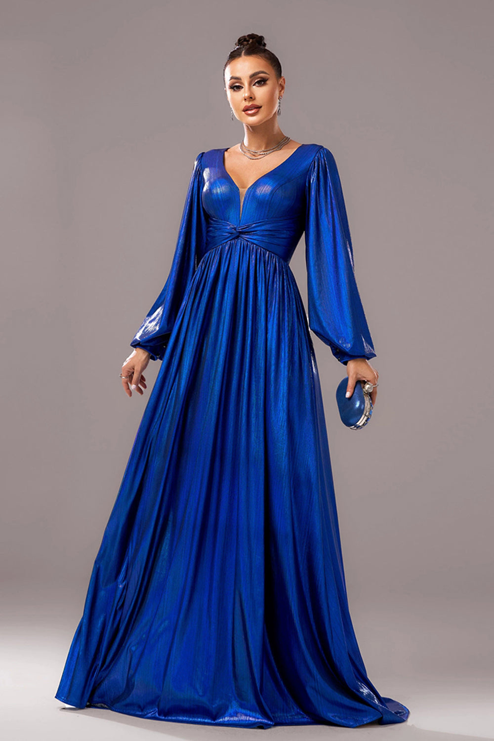 Royal Blue Metallic A-Line V Neck Long Sleeves Pleated Formal Dress
