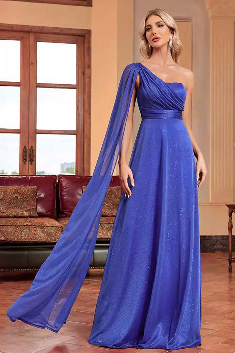 Leely Women Royal Blue Prom Dress One Shoulder with Streamer A Line Ruched Sequin Long Formal Dress