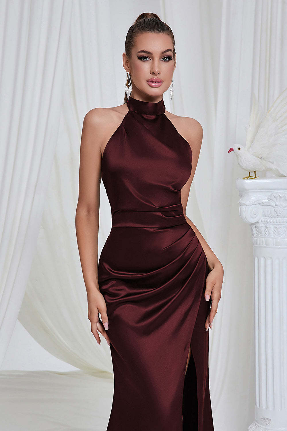 Mermaid Ruched Halter Pine Satin Prom Dress with Slit