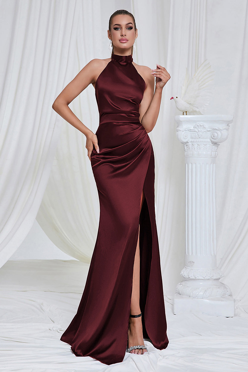 Mermaid Ruched Halter Pine Satin Prom Dress with Slit