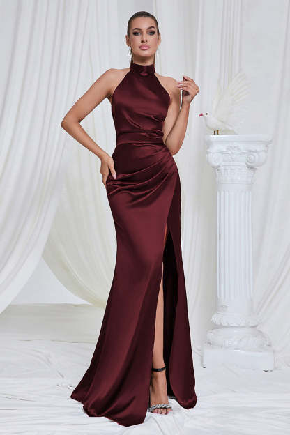 Mermaid Ruched Halter Pine Satin Prom Dress with Slit