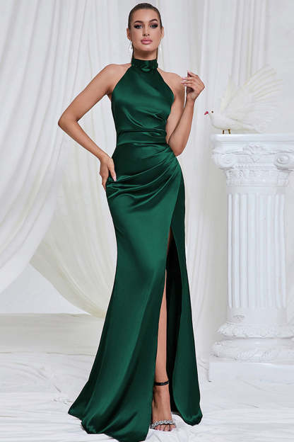 Mermaid Ruched Halter Pine Satin Prom Dress with Slit