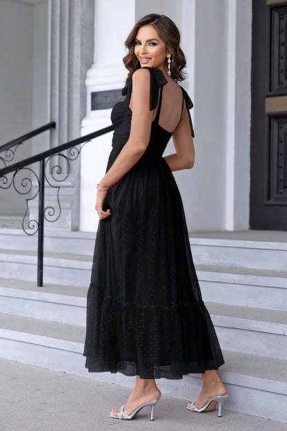 A Line Pleated Bow Spaghetti Straps Black Long Prom Dress