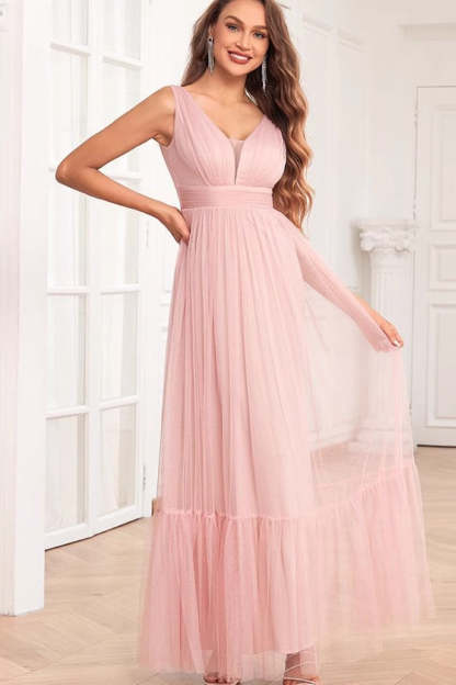 Spaghetti Straps Blush Pink Ruffles A Line Long Prom Dress