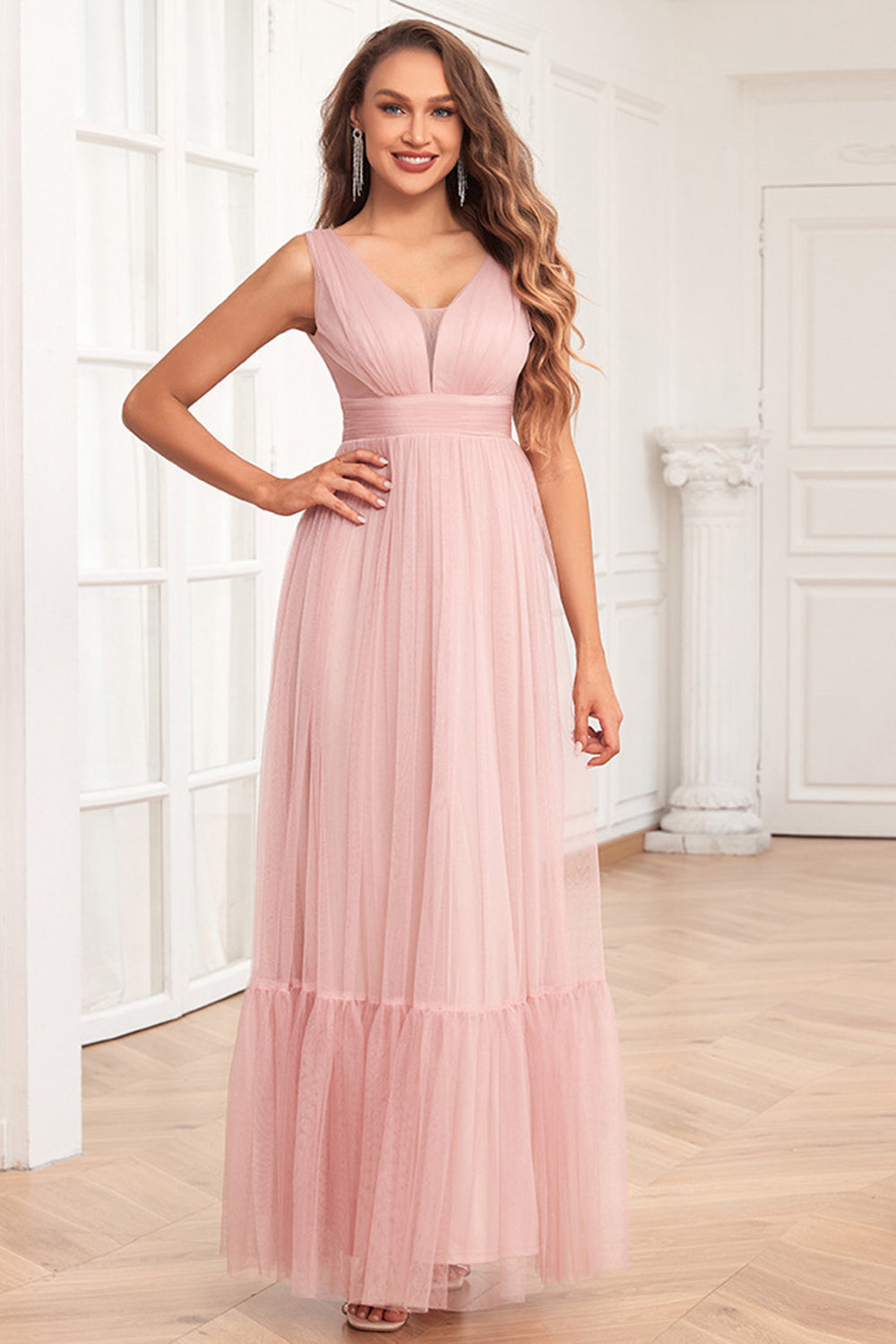 Leely Women Blush Pink Prom Dress Spaghetti Straps Ruffles A Line Pleated V Neck Tulle Long Wedding Guest Dress