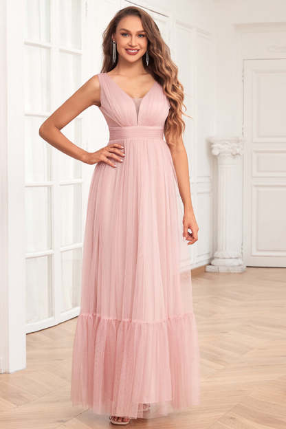 Leely Women Blush Pink Prom Dress Spaghetti Straps Ruffles A Line Pleated V Neck Tulle Long Wedding Guest Dress