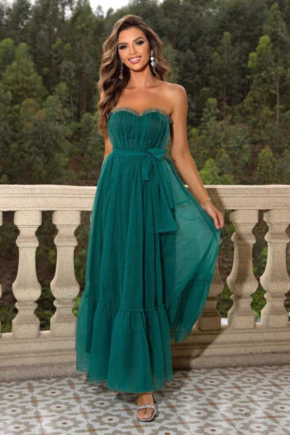 Leely Women Pine Prom Dress Strapless Ruffles A Line Pleated V Neck Tulle Long Wedding Guest Dress