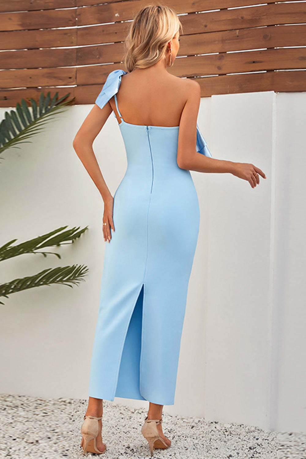 Sky Blue One Shoulder Sheath Maxi Bridesmaid Dress with Ruffles