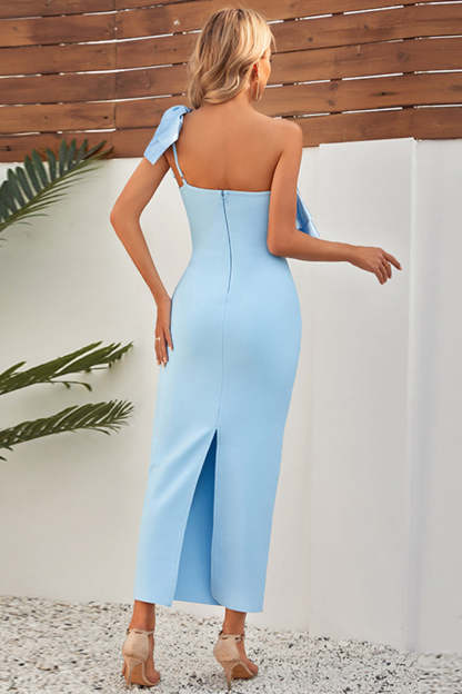 Sky Blue One Shoulder Sheath Maxi Bridesmaid Dress with Ruffles