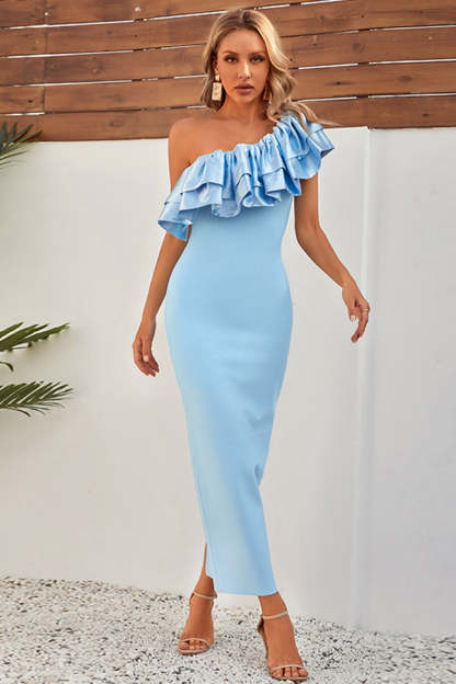 Sky Blue One Shoulder Sheath Maxi Bridesmaid Dress with Ruffles
