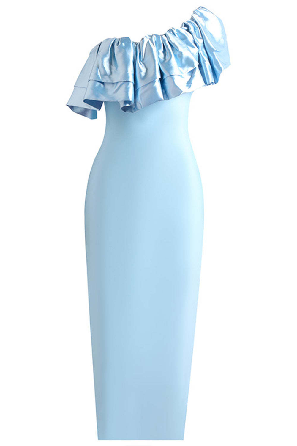 Sky Blue One Shoulder Sheath Maxi Bridesmaid Dress with Ruffles