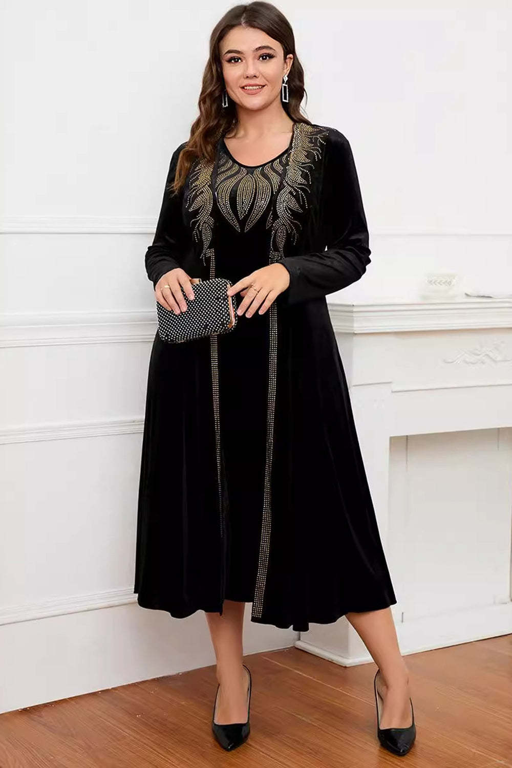 Leely Women Black Round Neck Mother of the Bride Dress Long Sleeves A-Line Wedding Guest Dress