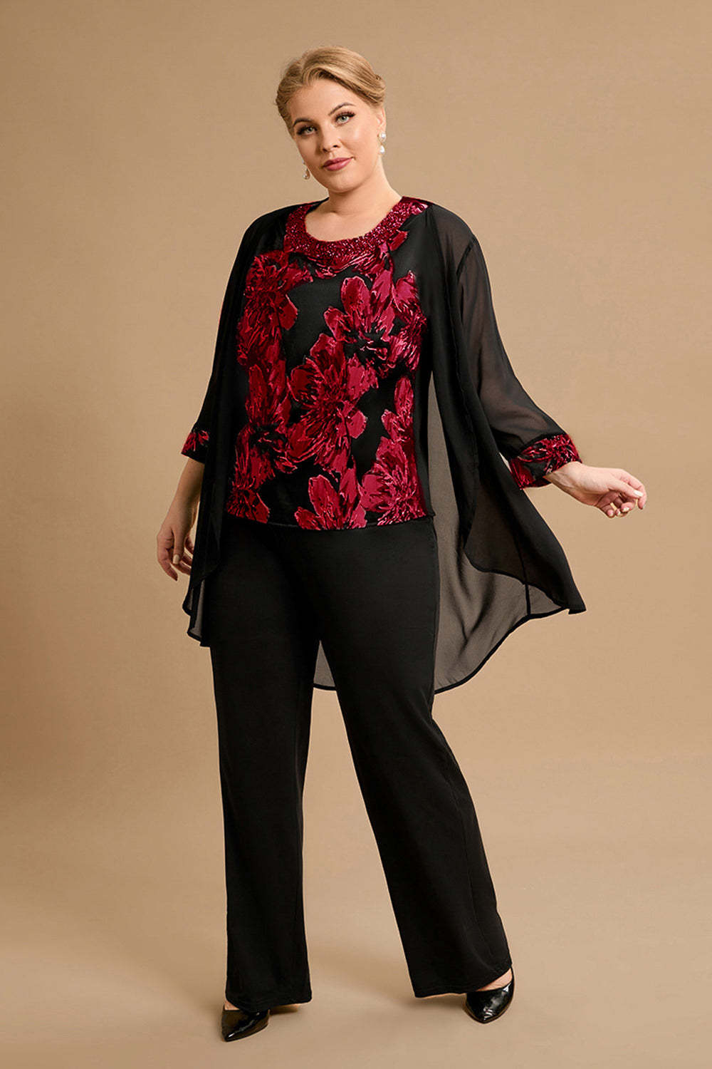Leely Women Black Red Flower Round Neck Long Sleeves 3 Pieces Mother of the Bride Pant Suits