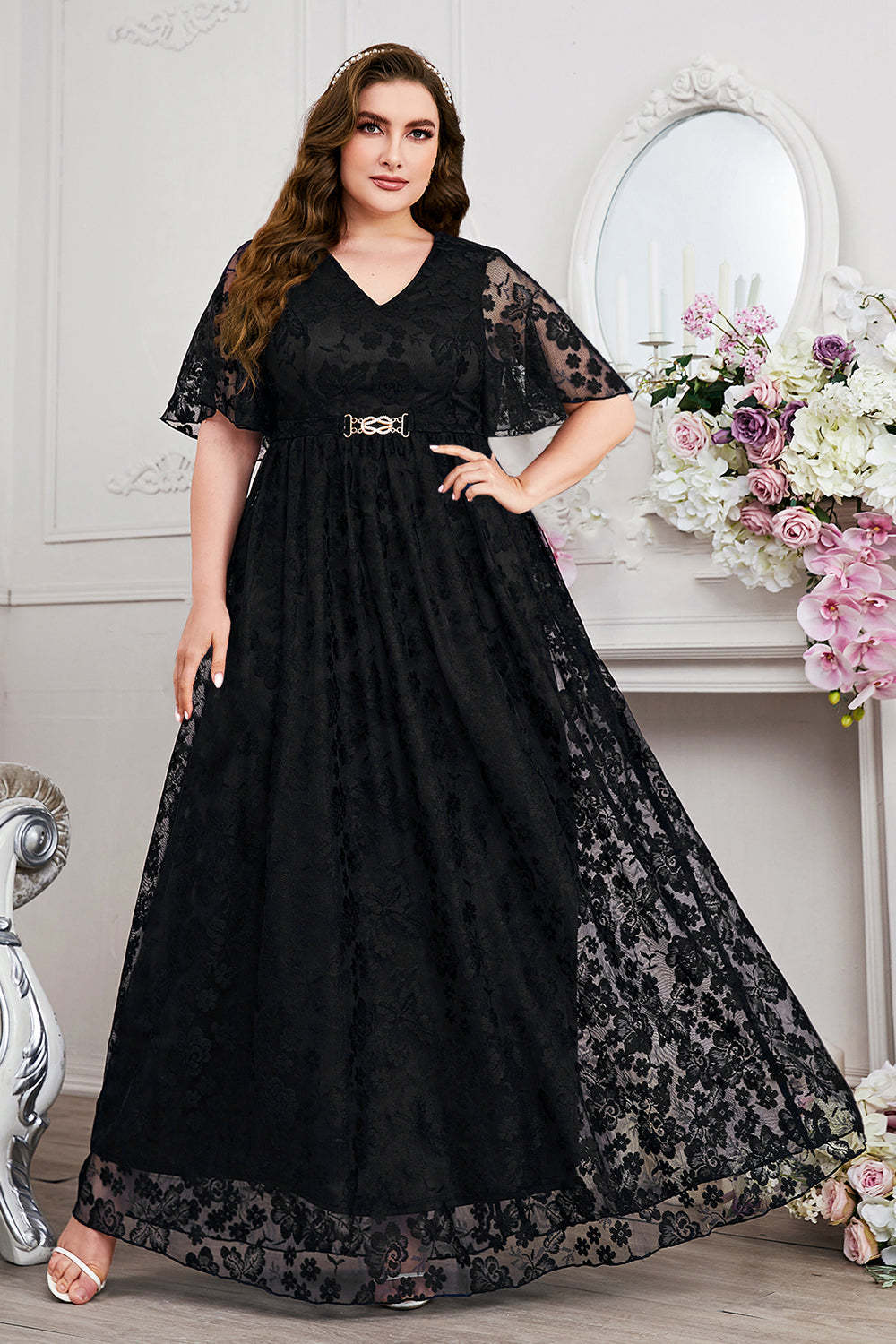 Navy A-Line Lace V-Neck Short Sleeves Long Mother of the Bride Dress