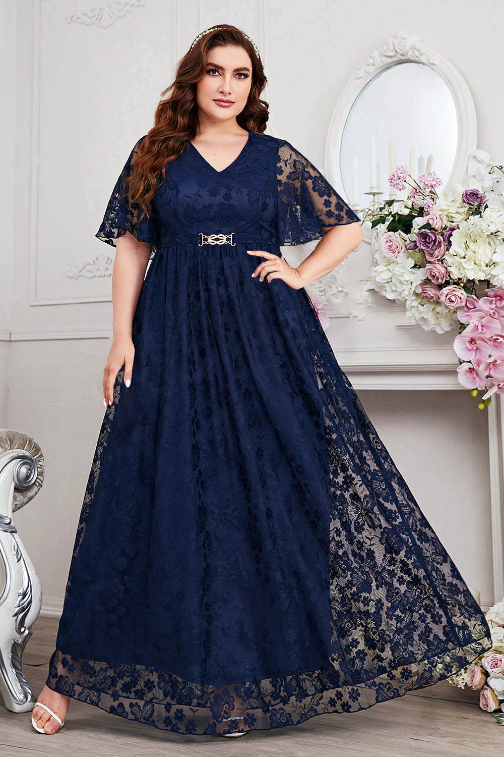 Leely Women Navy A-Line Lace Mother of the Bride Dress V-neck Short Sleeves Long Wedding Guest Dress