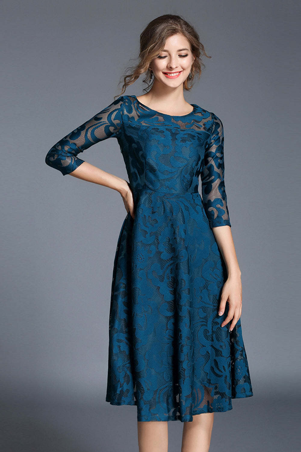 Peacock A-Line Round Neck Half Sleeves Midi Mother of the Bride Dress