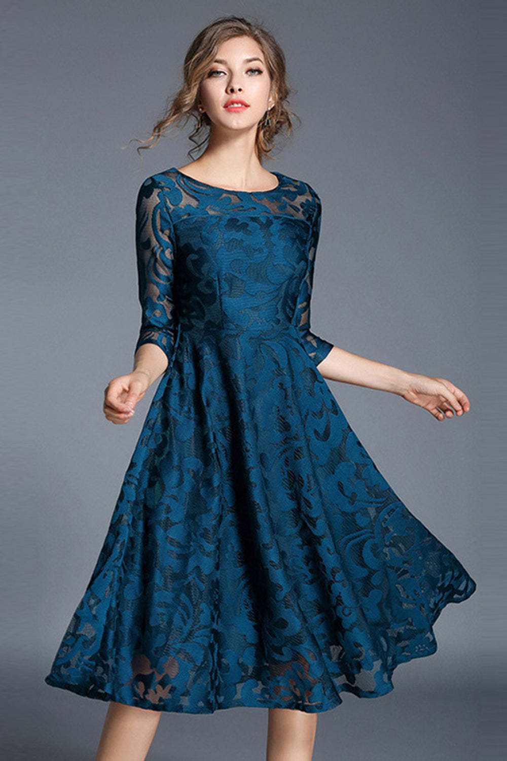 Leely Women Peacock A-Line Round Neck Mother of the Bride Dress Half Sleeves Midi Wedding Guest Dress
