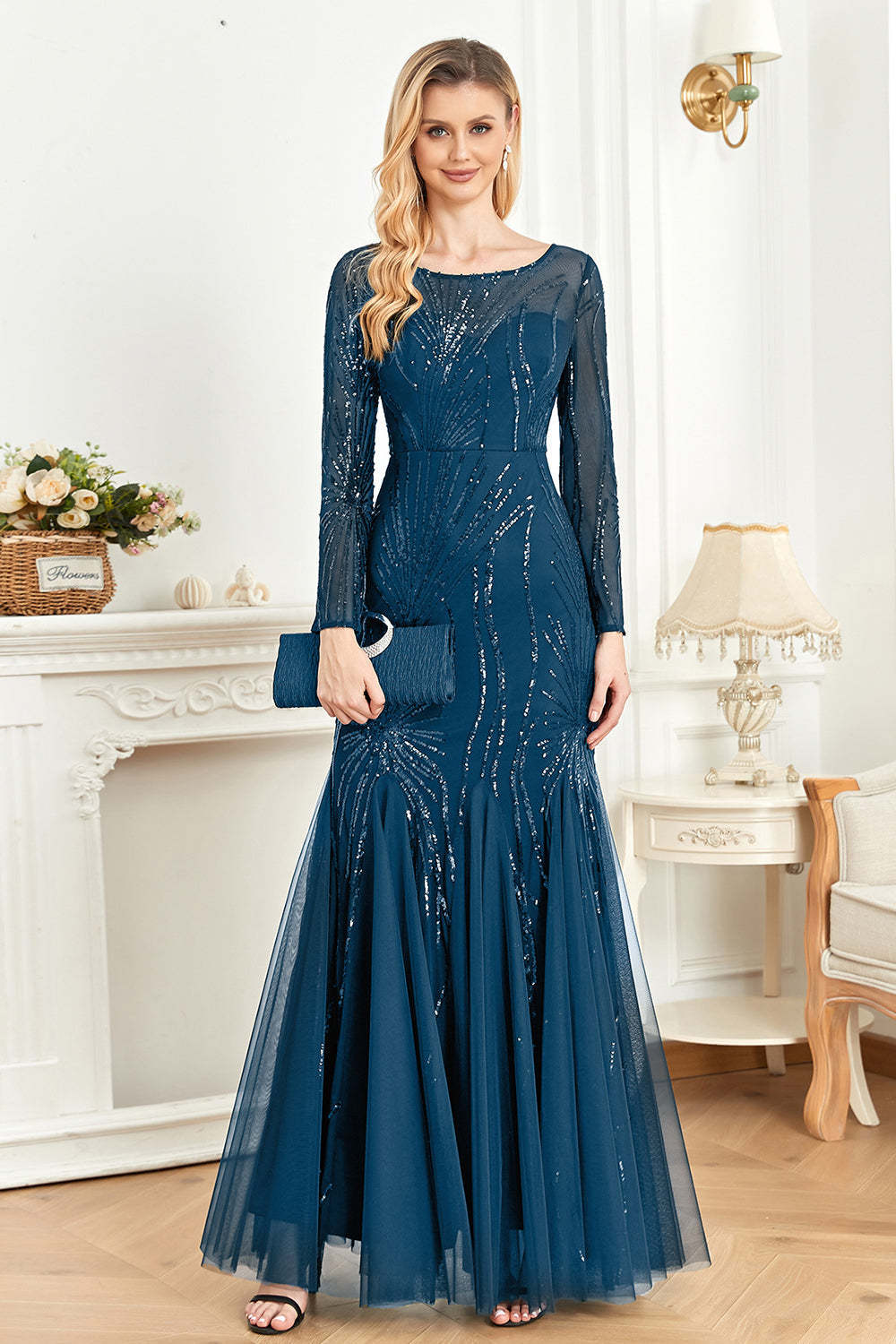 Leely Women Sparkly Mother Of The Bride Dress Ink Blue Appliques Beads Sheath Long Sleeves Round Neck Formal Dress