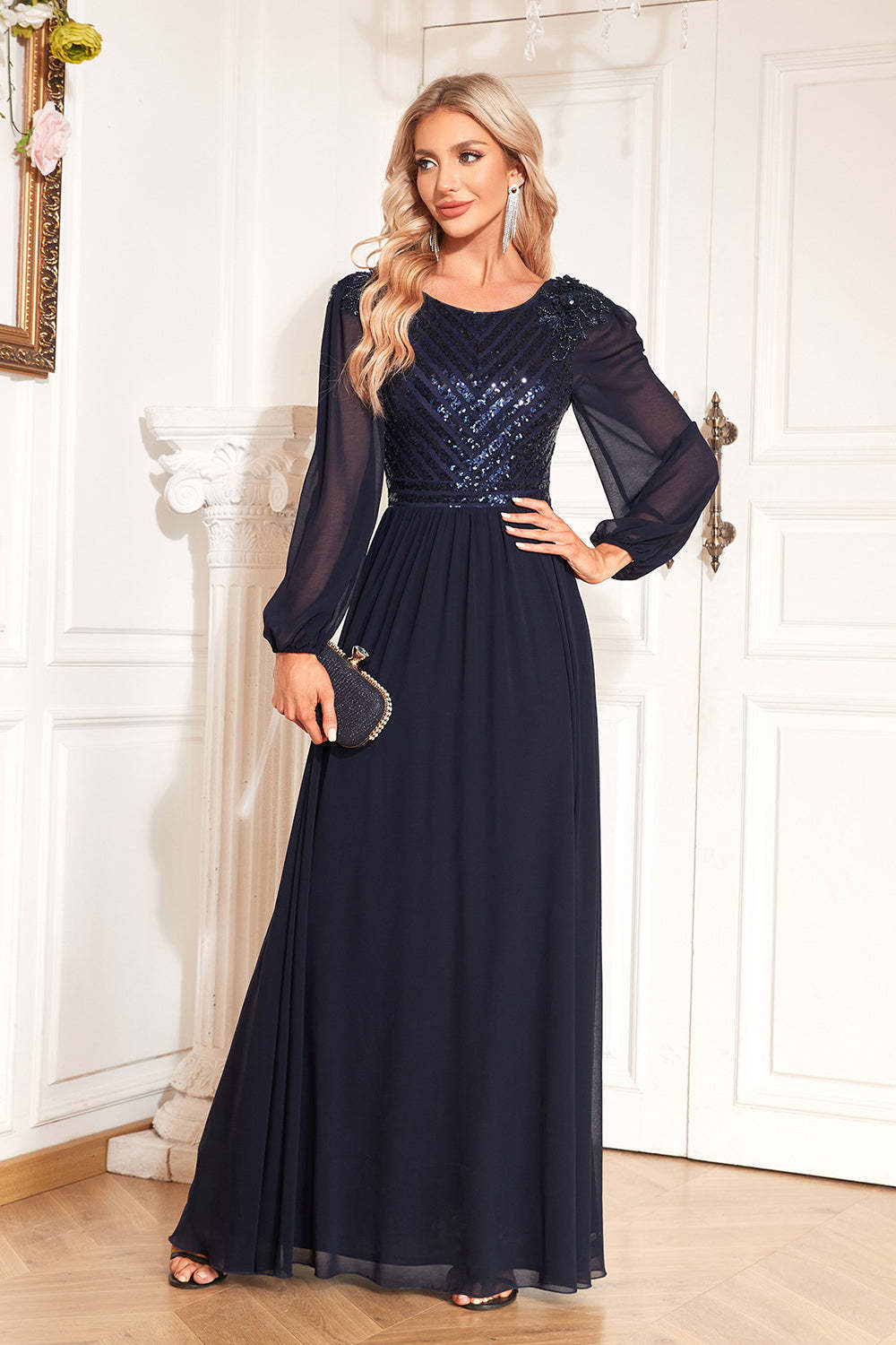 Leely Women Navy Mother Of The Bride Dresse A Line Long Sleeves Appliqued Sequin Wedding Guest Dress
