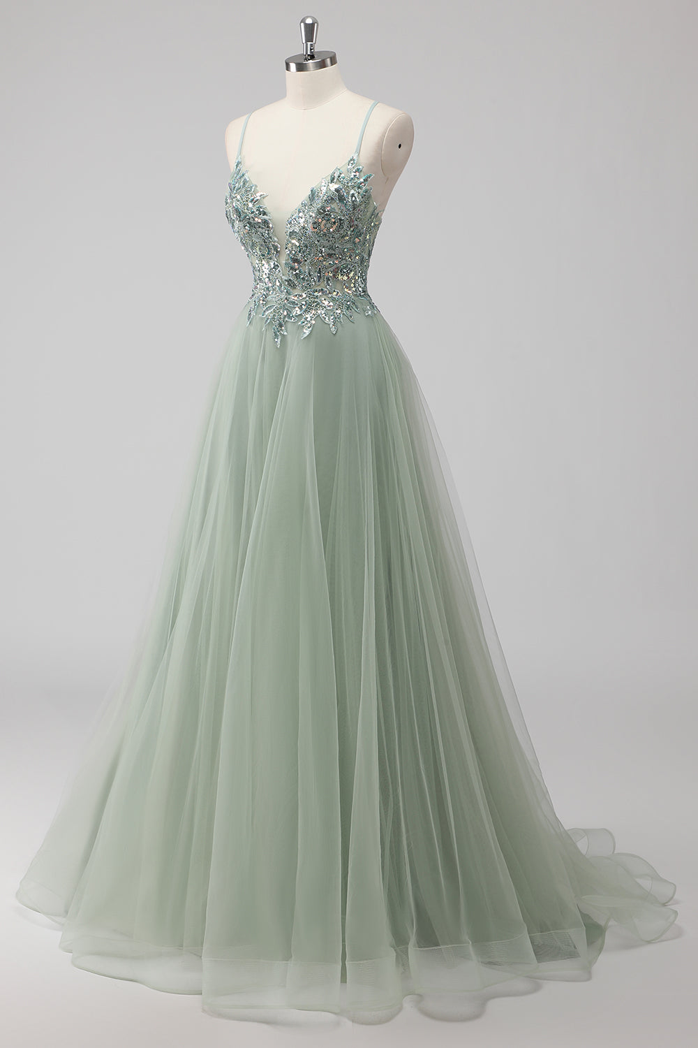 Saprkly Green Sequin A Line Lace Up Back Maxi Prom Dress