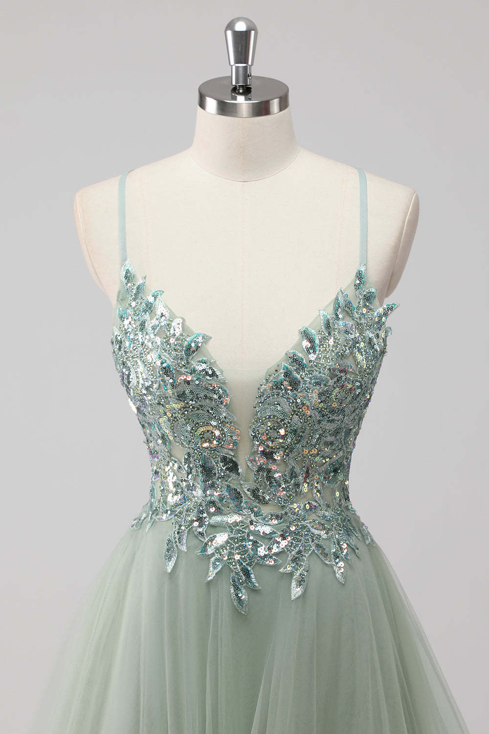 Saprkly Green Sequin A Line Lace Up Back Maxi Prom Dress