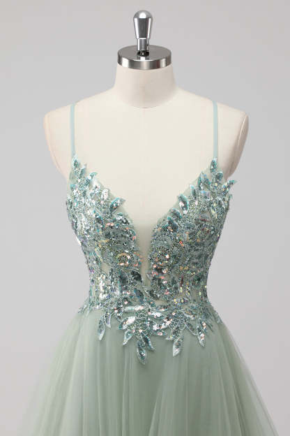 Saprkly Green Sequin A Line Lace Up Back Maxi Prom Dress