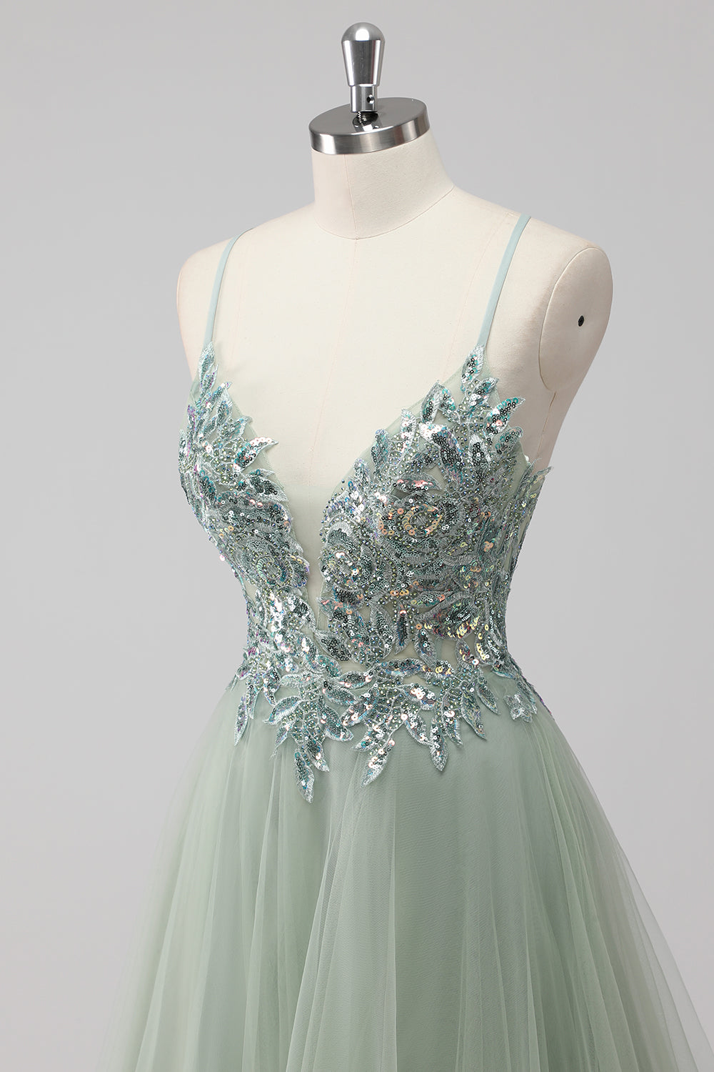 Saprkly Green Sequin A Line Lace Up Back Maxi Prom Dress