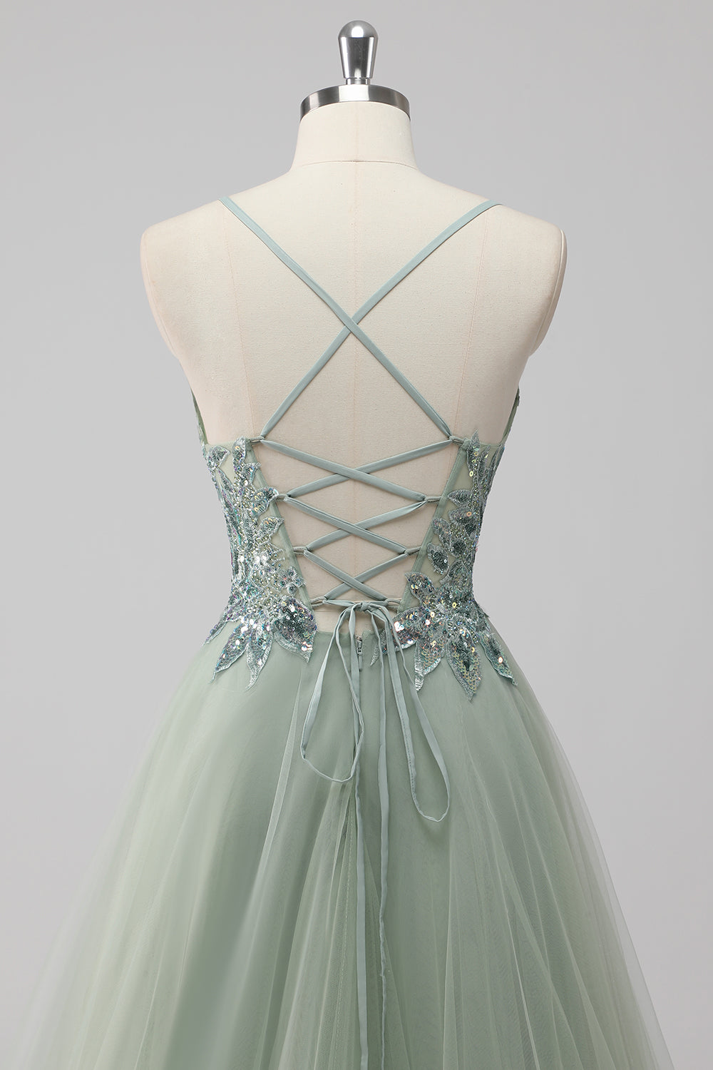 Saprkly Green Sequin A Line Lace Up Back Maxi Prom Dress