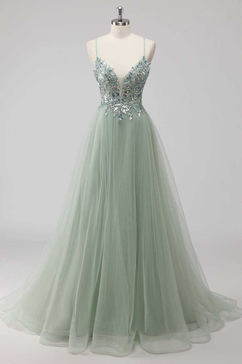 Leely Women Sparkly Green Sequin Lace Up Back Prom Dress A Line Tulle V-Neck Maxi Pageant Dress