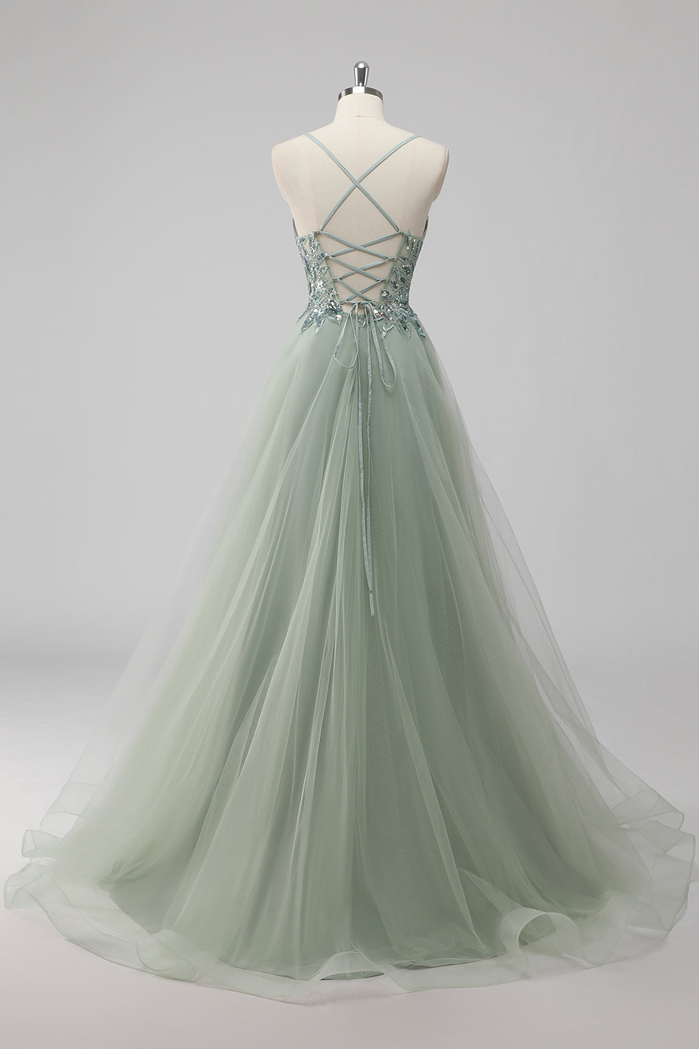 Saprkly Green Sequin A Line Lace Up Back Maxi Prom Dress